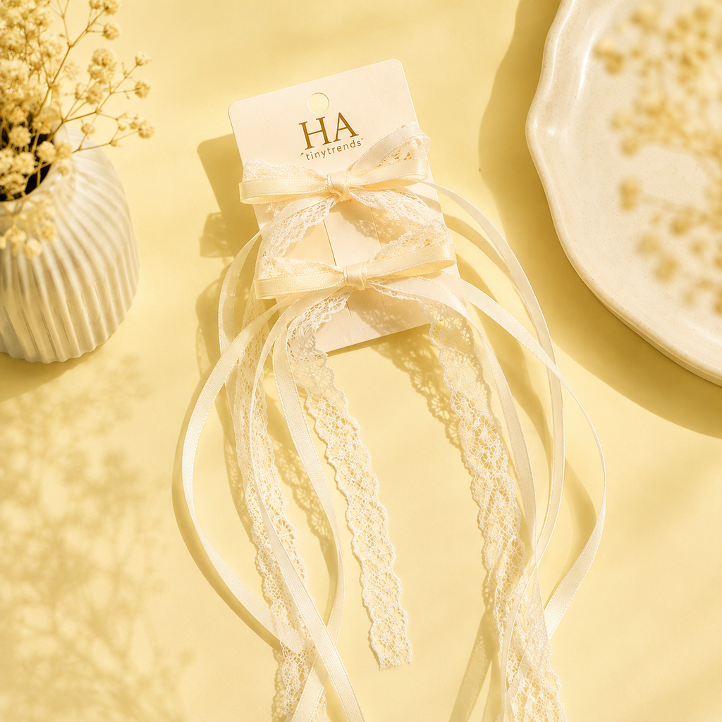 Coquette Long-Tail Ribbon Bow Clips | Double Layer Satin & Lace Hair Accessories