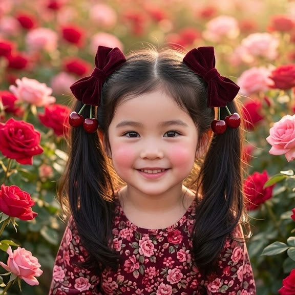 Velvet Cherry Hair Clips for Girls | Cute Burgundy Bow Set