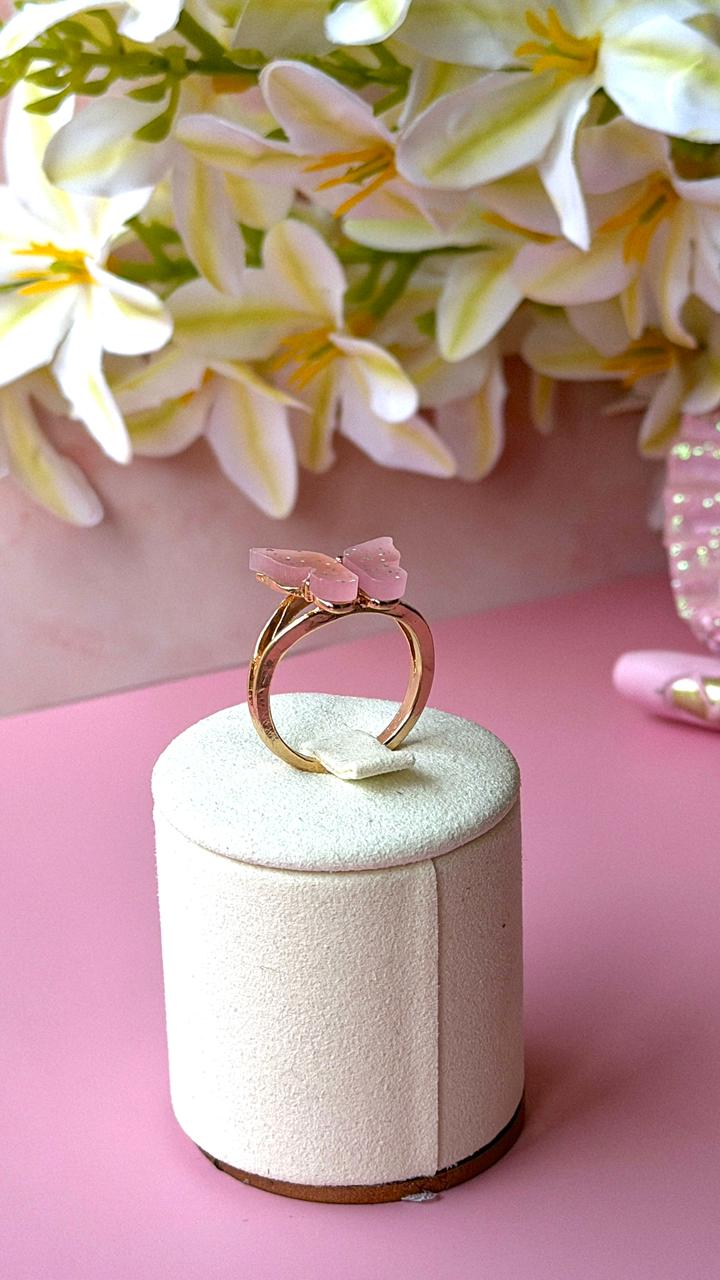Pink Glitter Butterfly Ring – Rose Gold Tone Acrylic Butterfly Adjustable Ring | Y2K Aesthetic Jewellery for Women & Girls