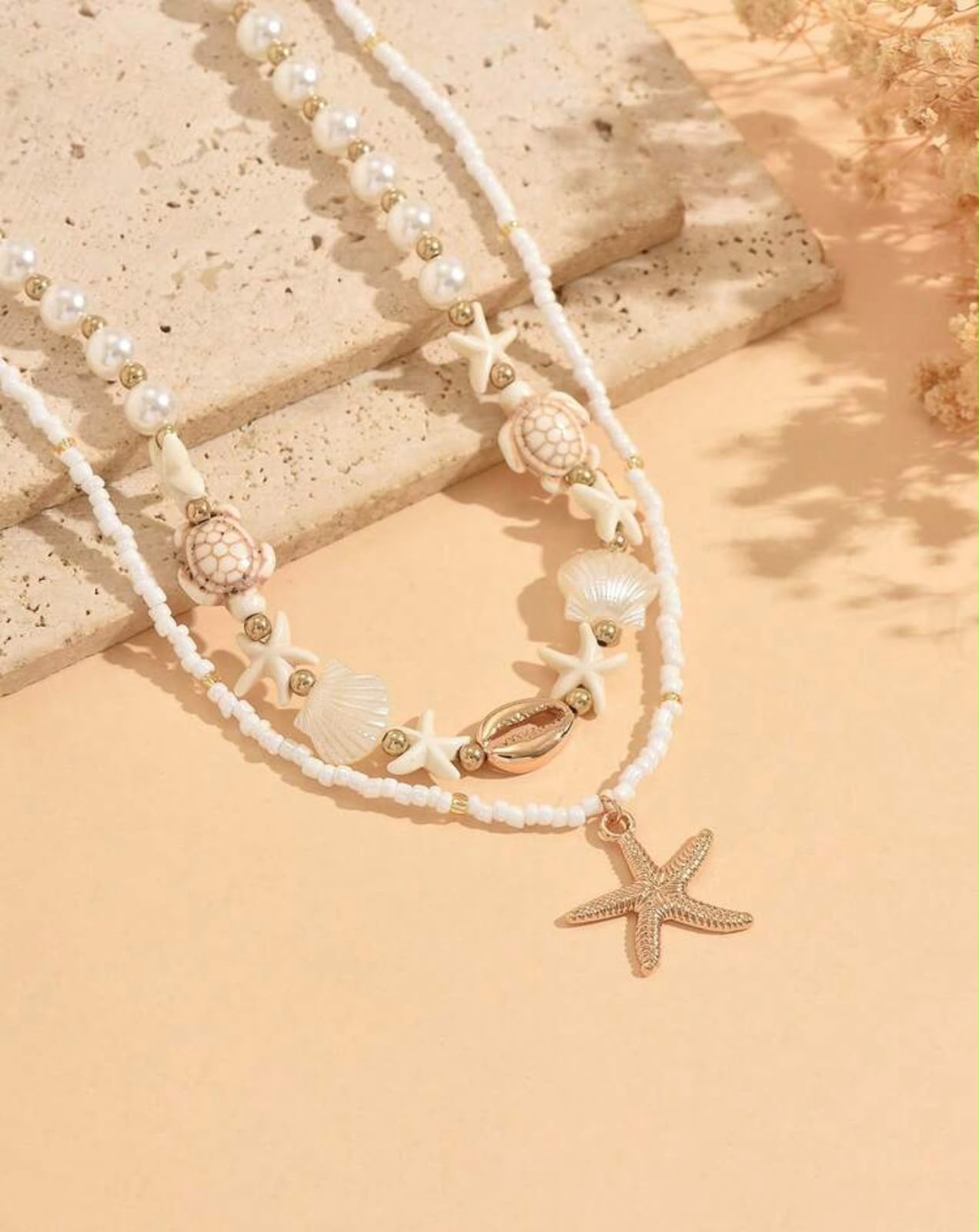 Layered Beach Charm Necklace Set | Pearl & Shell Starfish Turtle Choker with Gold Starfish Pendant Necklace (2 Piece Set)