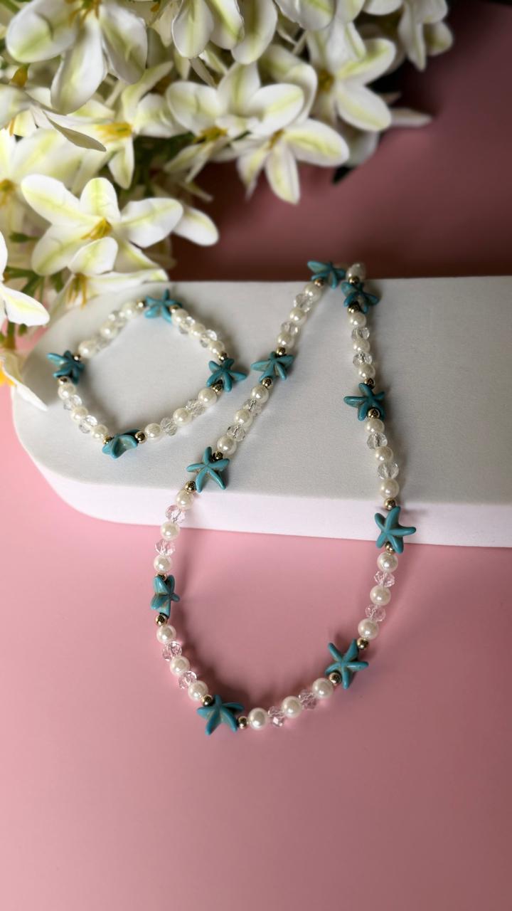 Starfish Pearl Necklace & Bracelet Set – Teal Starfish Crystal Bead Jewelry for Kids & Women