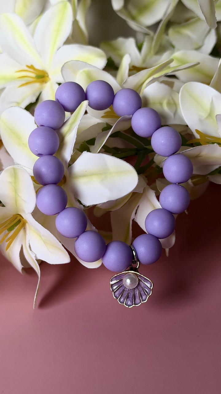 Girls Lavender Beaded Bracelet with Pearl Seashell Charm