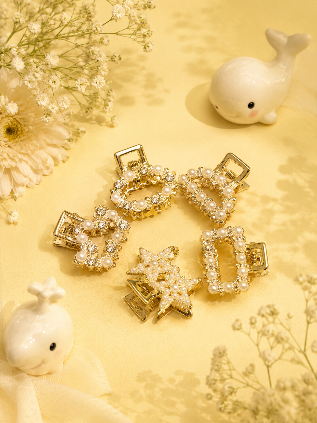Gold Pearl & Rhinestone Mini Hair Claw Clips | Geometric Mini Hair Claws Set