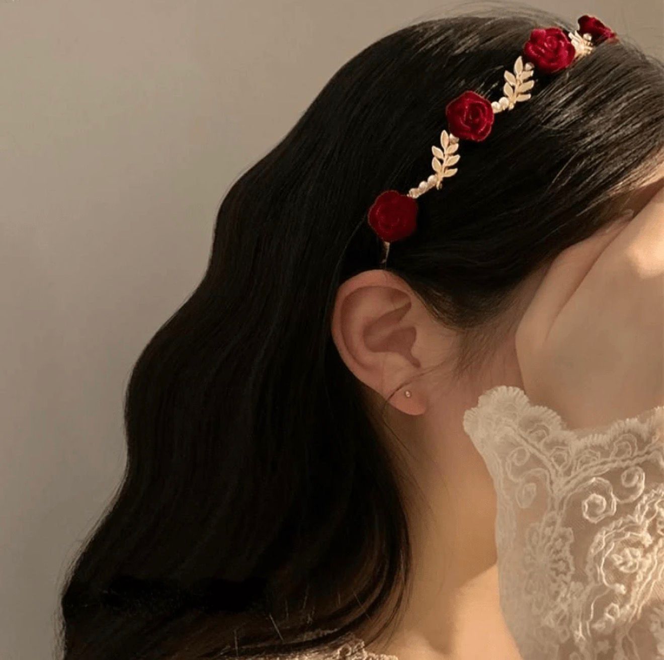 Girls Gold Floral Headband with Red Velvet Roses - Elegant Tiara Gift