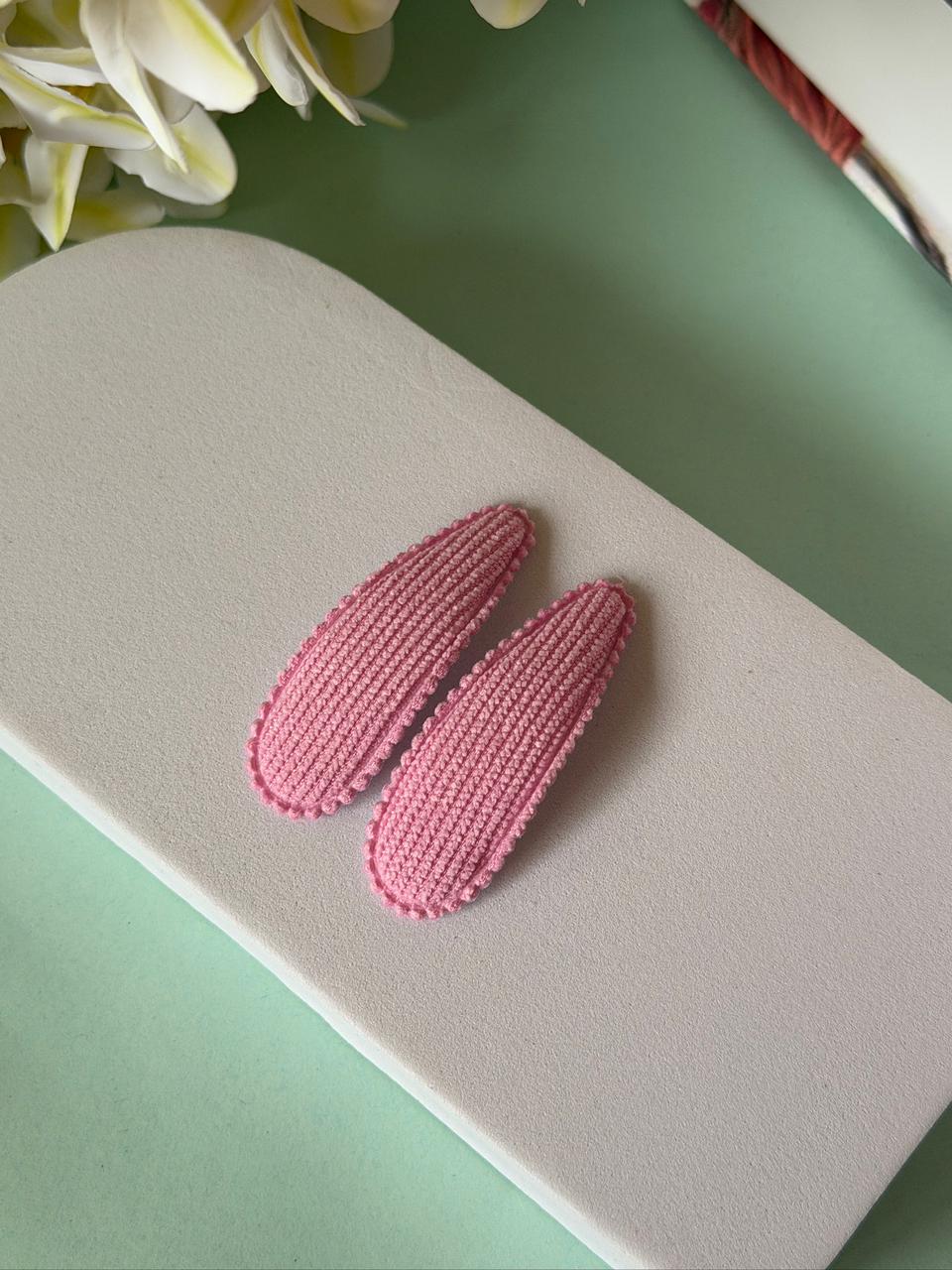 Pink Crochet Fabric Snap Hair Clips