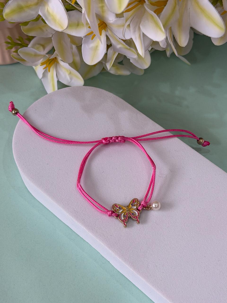 Fuchsia Pink Enamel Butterfly Cord Bracelet