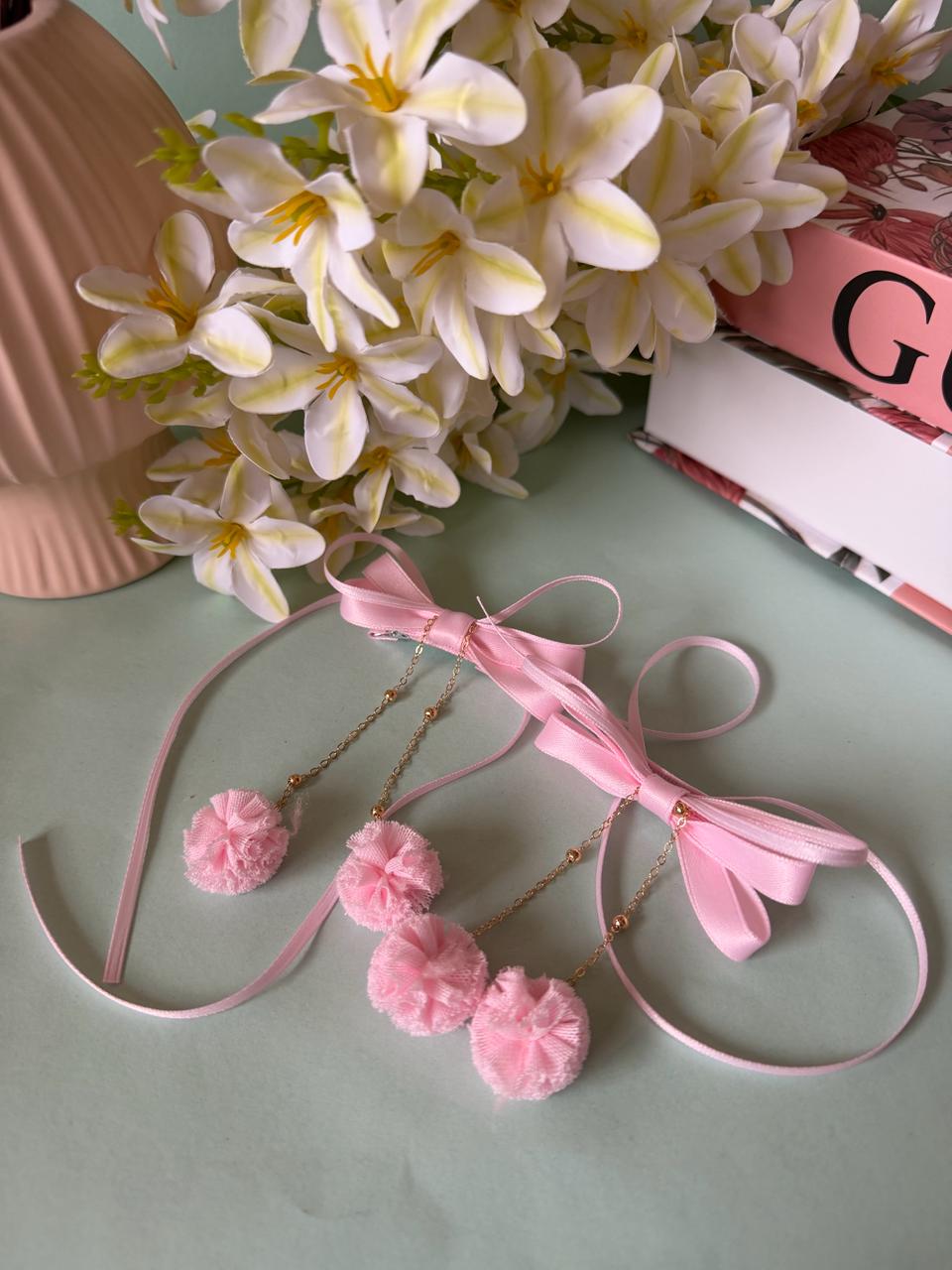 Baby Pink Coquette Ribbon Bow Hair Clips with Pom-Poms