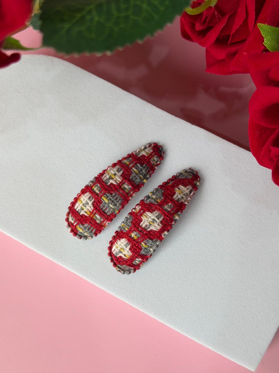Red Plaid Tweed Fabric Snap Hair Clips for Girls