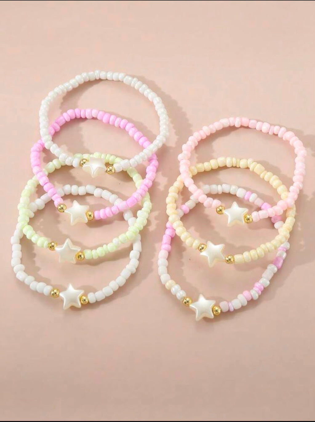 Pastel Beaded Star Bracelet Set|Seed Bead Bracelets with Gold Accents & Mother-of-Pearl Stars