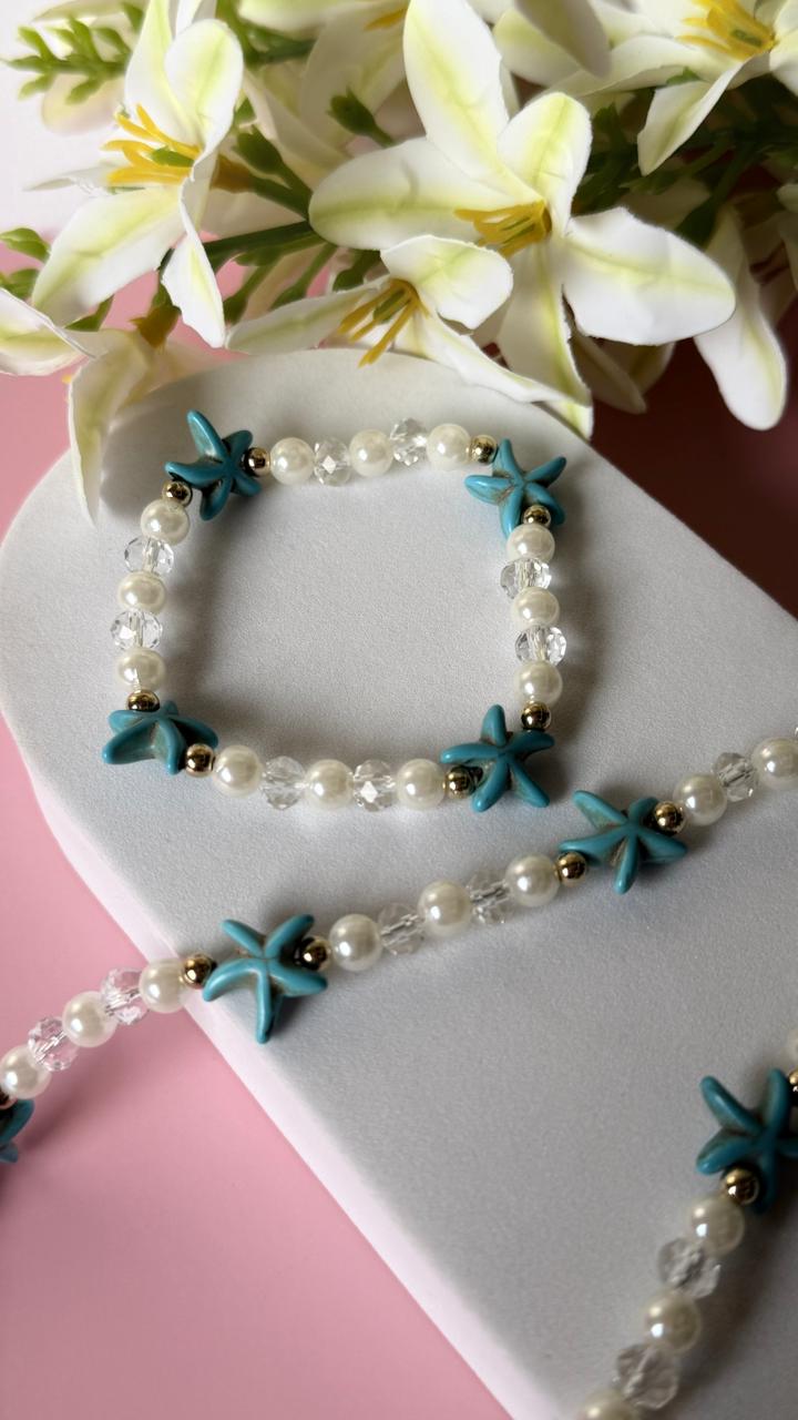 Starfish Pearl Necklace & Bracelet Set – Teal Starfish Crystal Bead Jewelry for Kids & Women