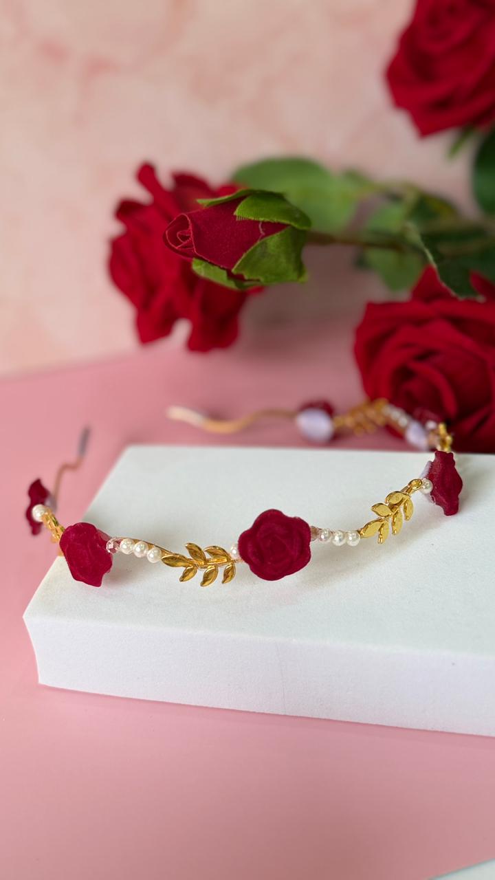 Girls Gold Floral Headband with Red Velvet Roses - Elegant Tiara Gift