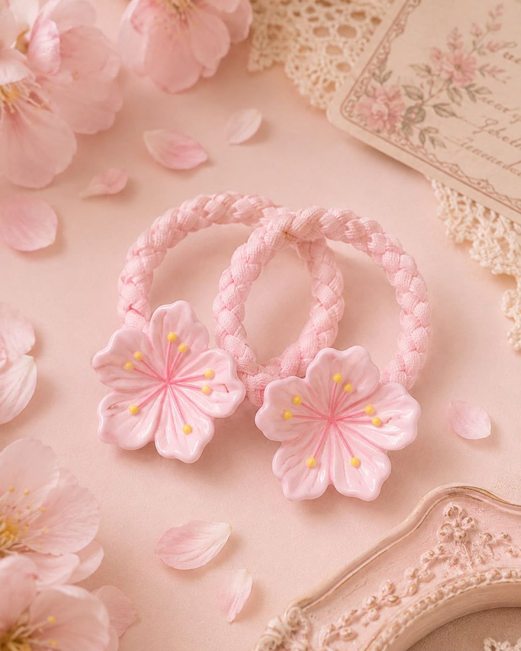 Cherry Blossom Hair Ties (2pcs) | Pink Braided Sakura Elastics