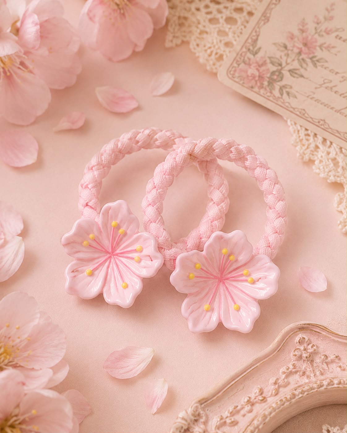 Cherry Blossom Hair Ties (2pcs) | Pink Braided Sakura Elastics
