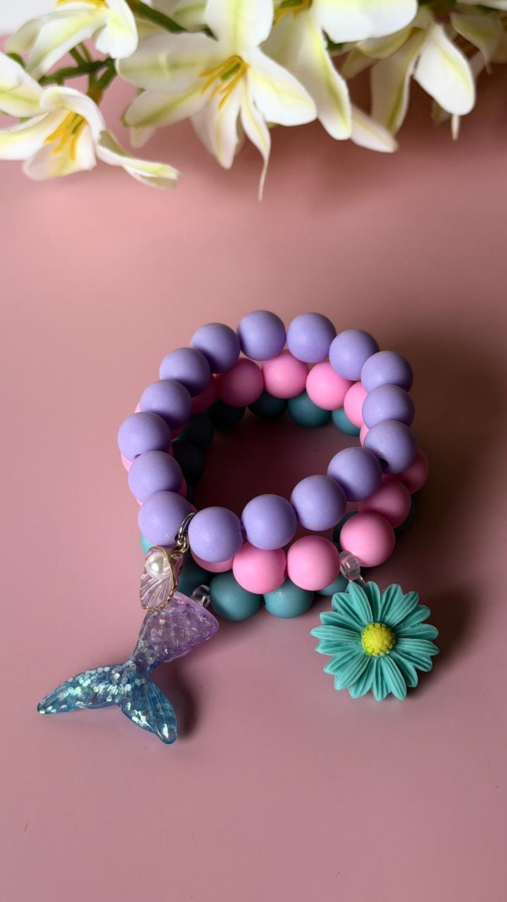 Girls Lavender Beaded Bracelet with Pearl Seashell Charm