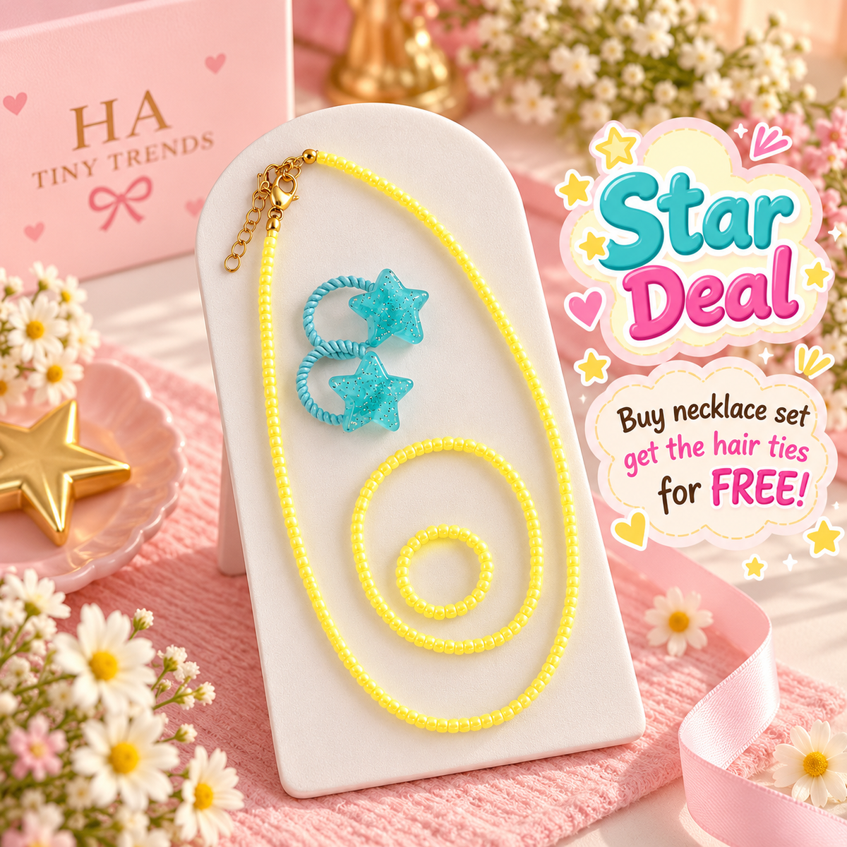 Yellow Beaded Necklace Set with Free Blue Star Hair Ties