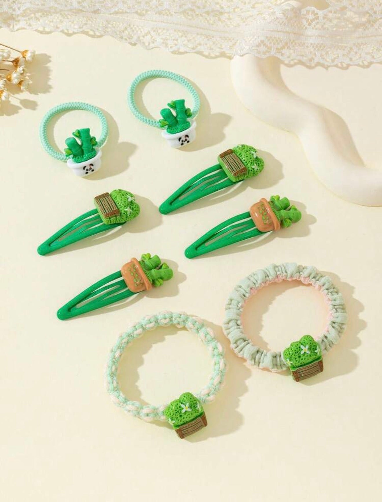 Cute Cactus Hair Accessories Set for Girls | 8-Piece Hair Clips & Hair Ties | HA TinyTrends