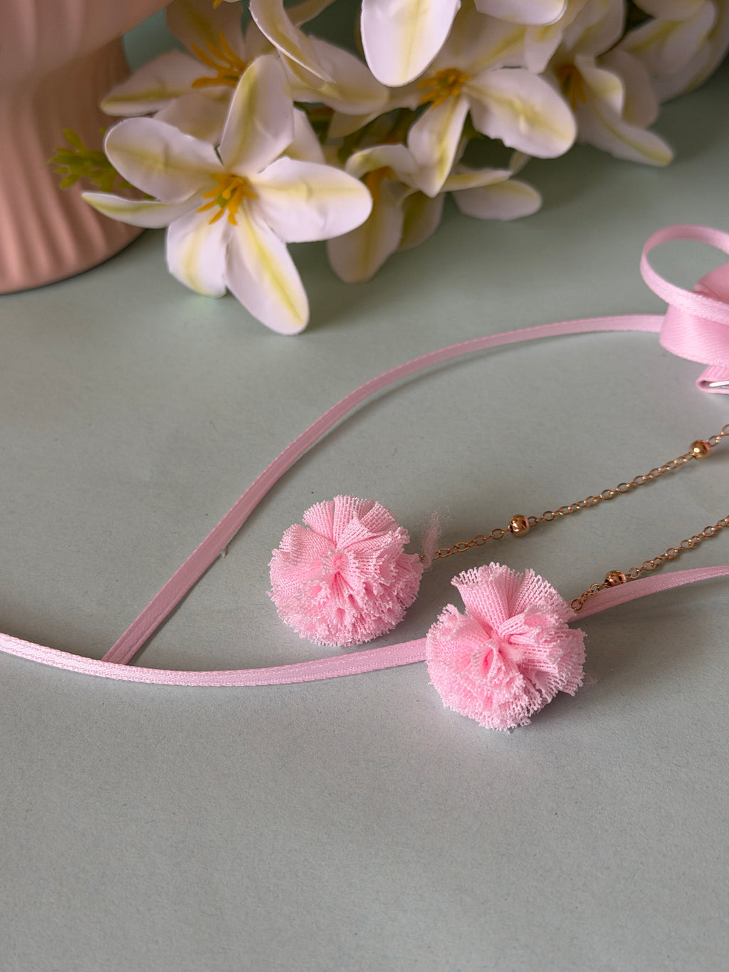 Baby Pink Coquette Ribbon Bow Hair Clips with Pom-Poms