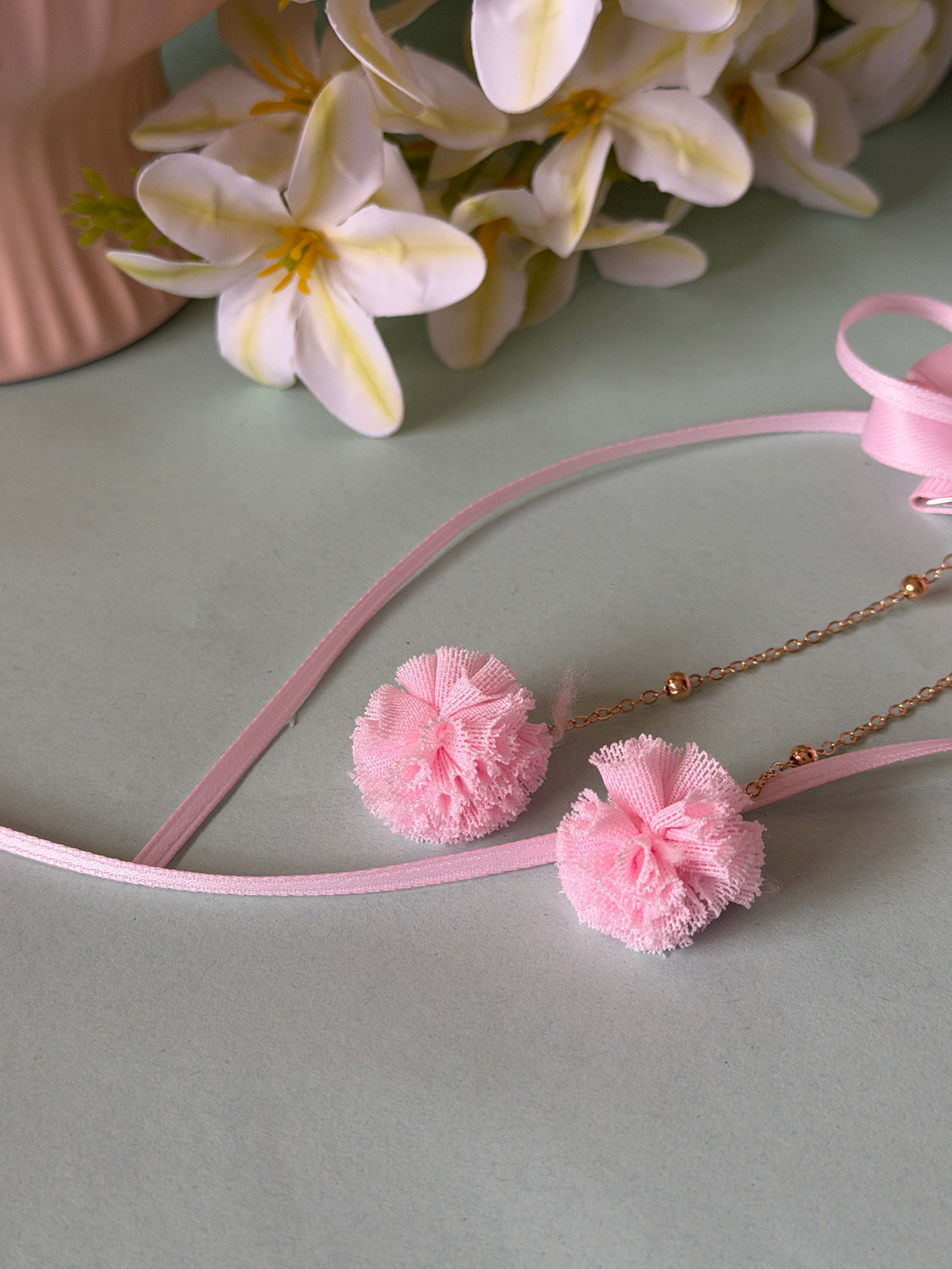 Baby Pink Coquette Ribbon Bow Hair Clips with Pom-Poms