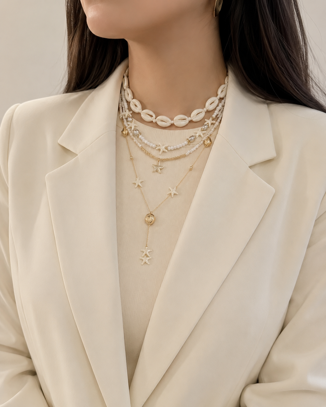 Layered Starfish & Cowrie Shell Necklace Set