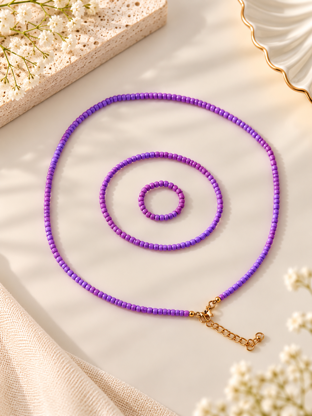 Pastel Yellow Beaded Necklace, Bracelet & Ring