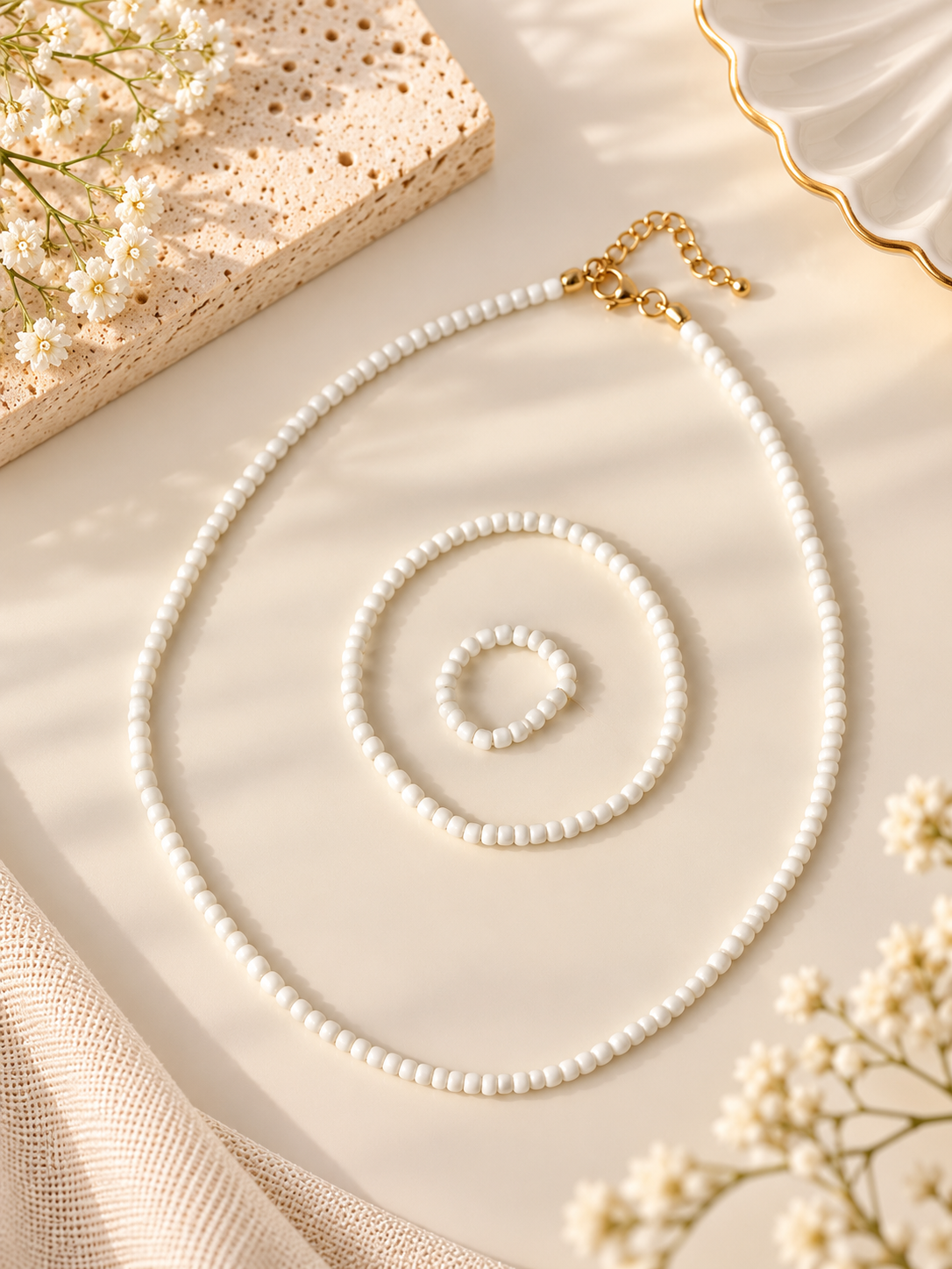 Pastel Yellow Beaded Necklace, Bracelet & Ring