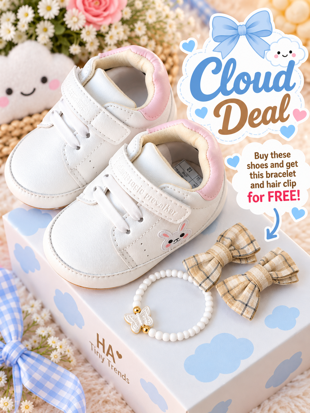 Baby Shoes with Free Butterfly Bracelet &amp; Plaid Bow Hair Clip | HA Tiny Trends