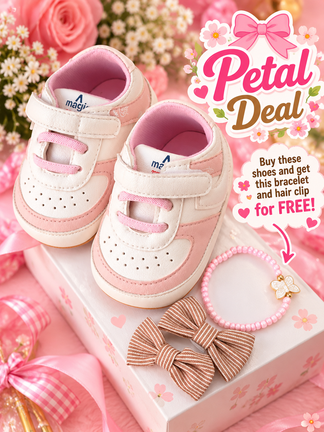 Baby Pink & White Toddler Shoes with Free Bracelet and Hair Clips | HA Tiny Trends