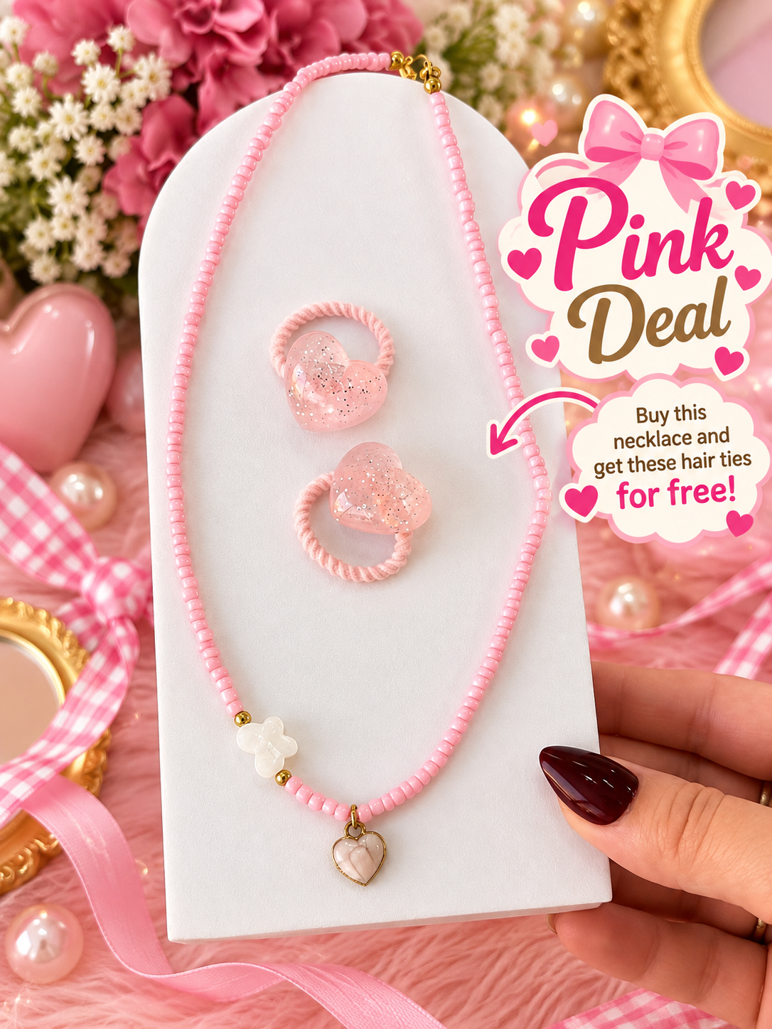 Pink Beaded Necklace with Heart Pendant Free Heart Hair Ties | HA Tiny Trends