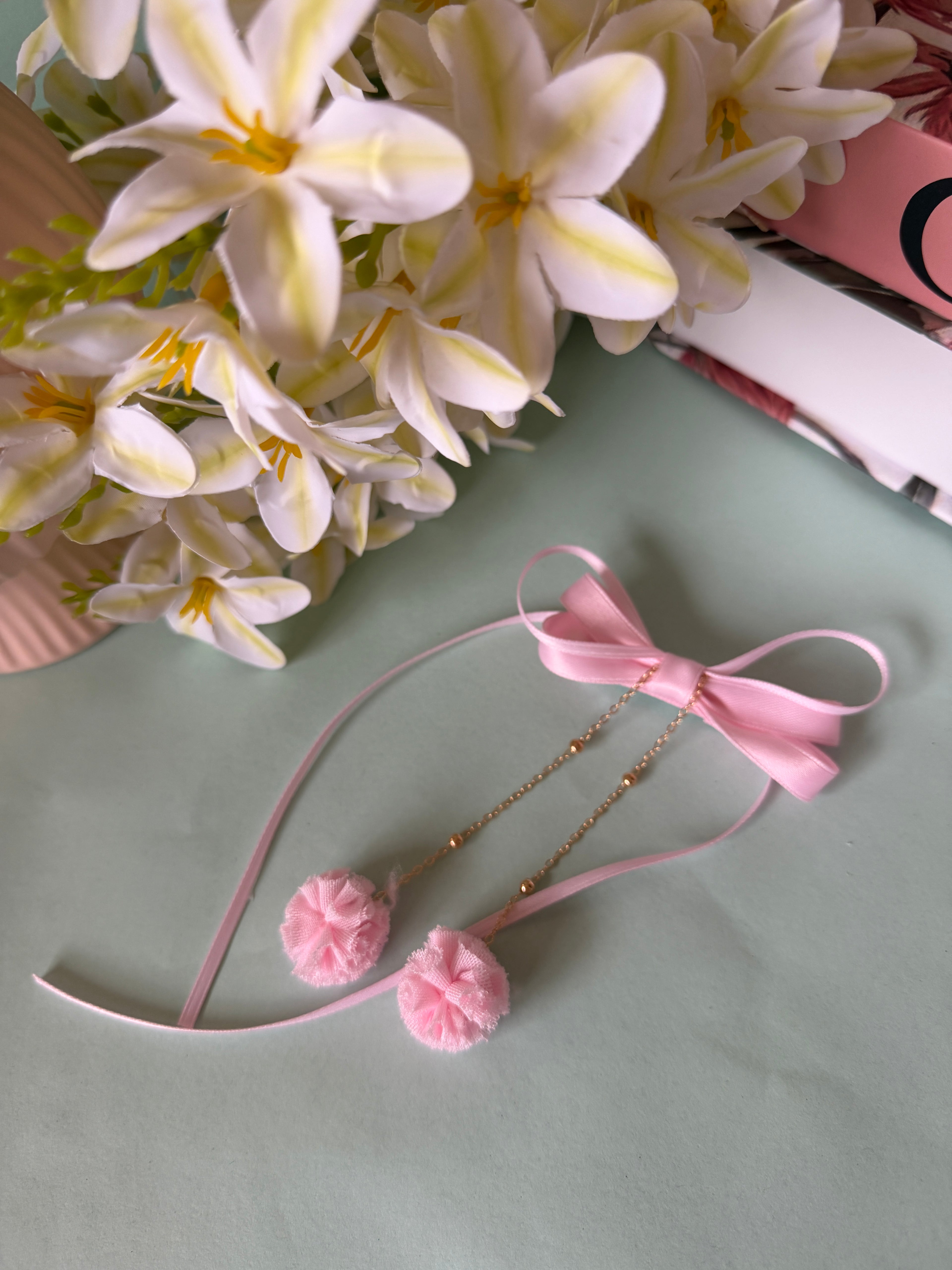 Baby Pink Coquette Ribbon Bow Hair Clips with Pom-Poms