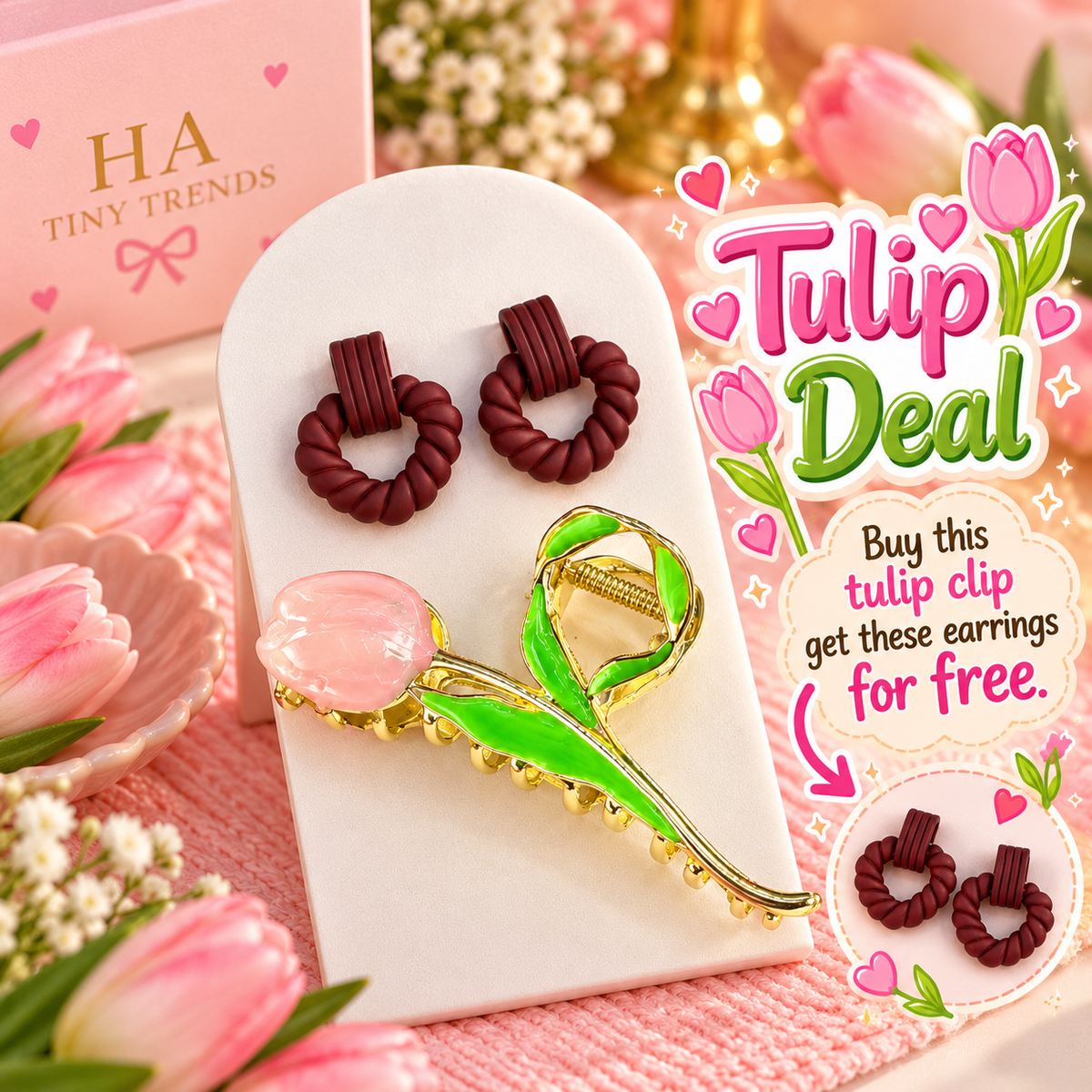 Pink Tulip Hair Clip with Free Burgundy Earrings