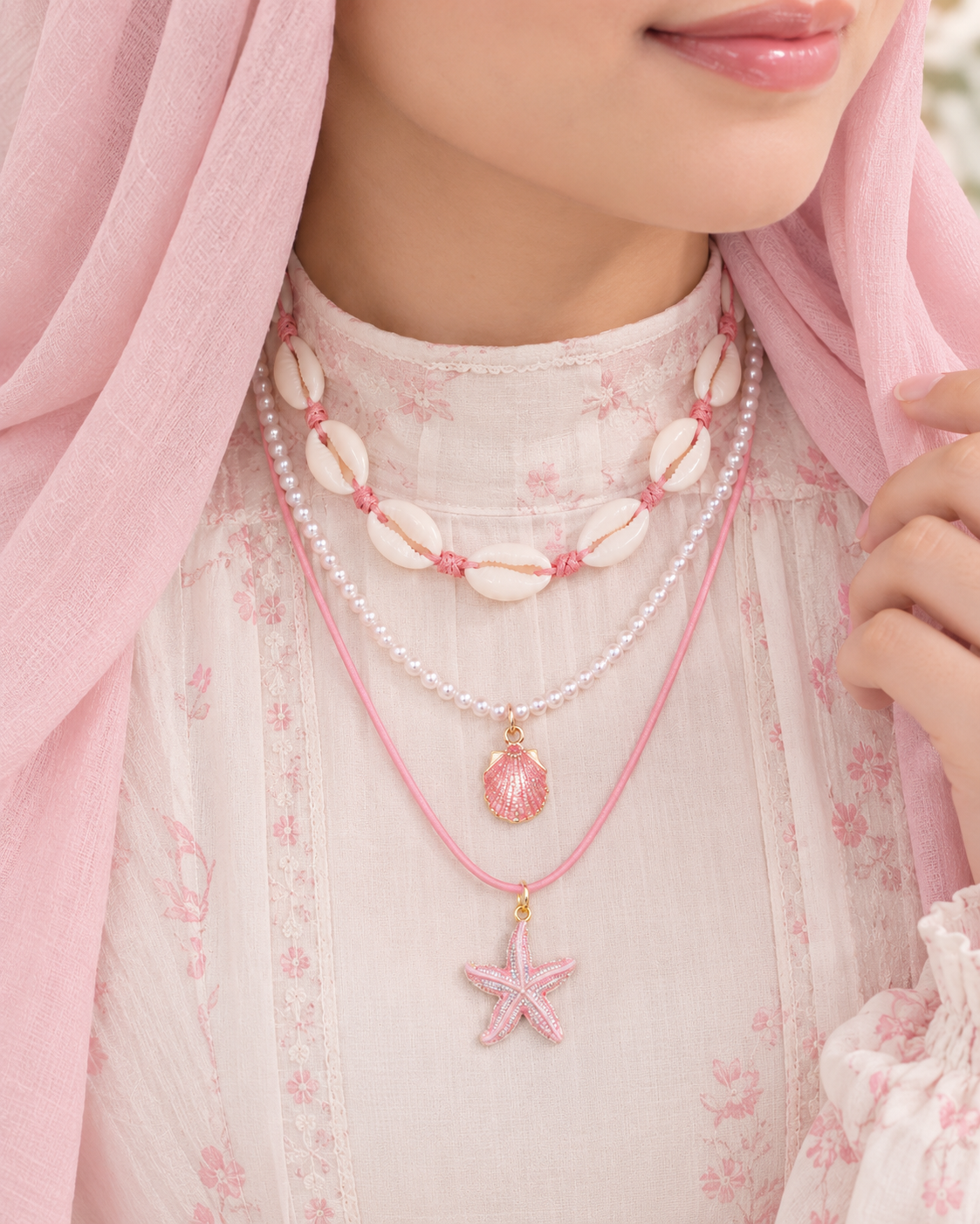 3-Piece Pink Starfish & Shell Beaded Necklace Set | Beach-Inspired Jewelry