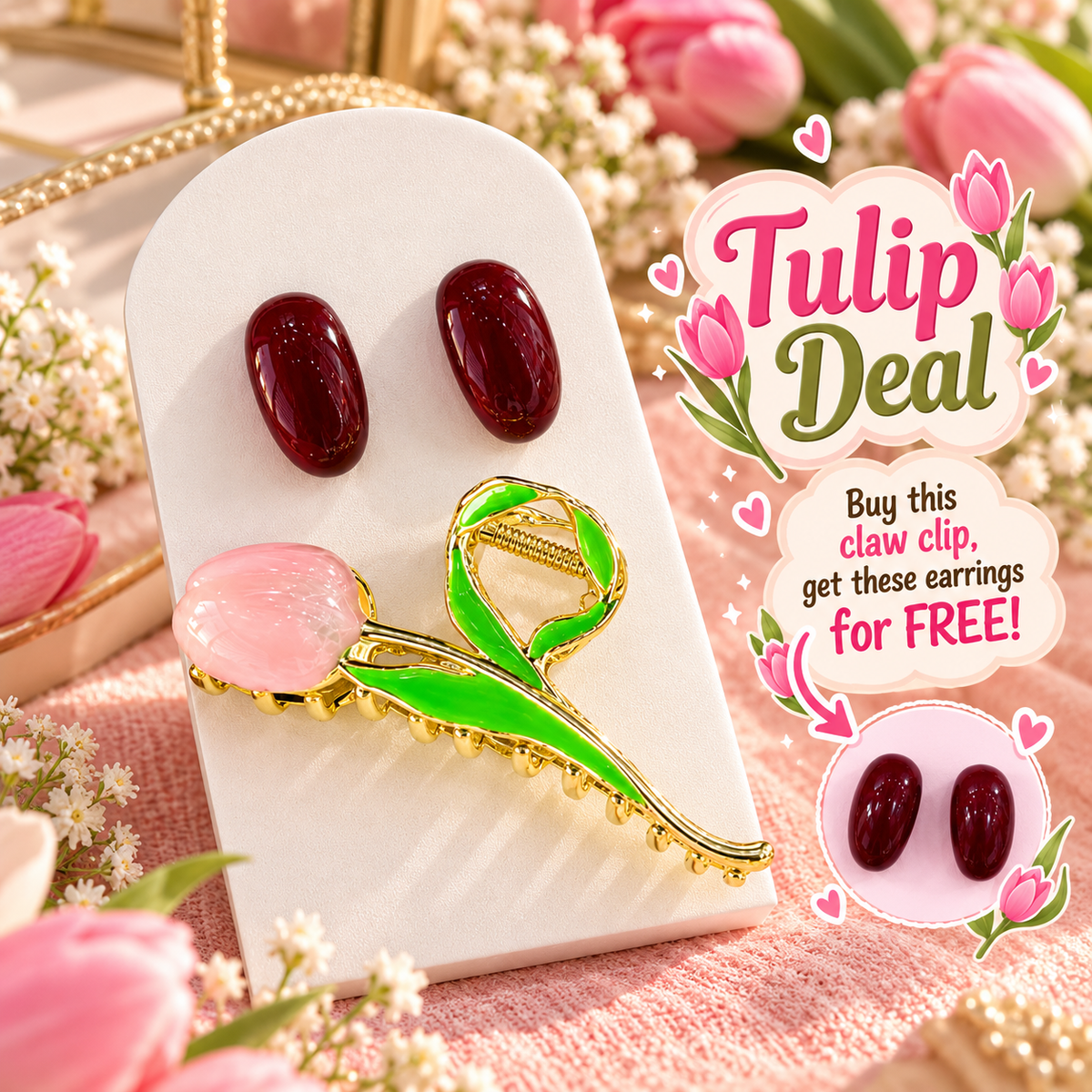 Pink Tulip Hair Clip with Free Burgundy Earrings