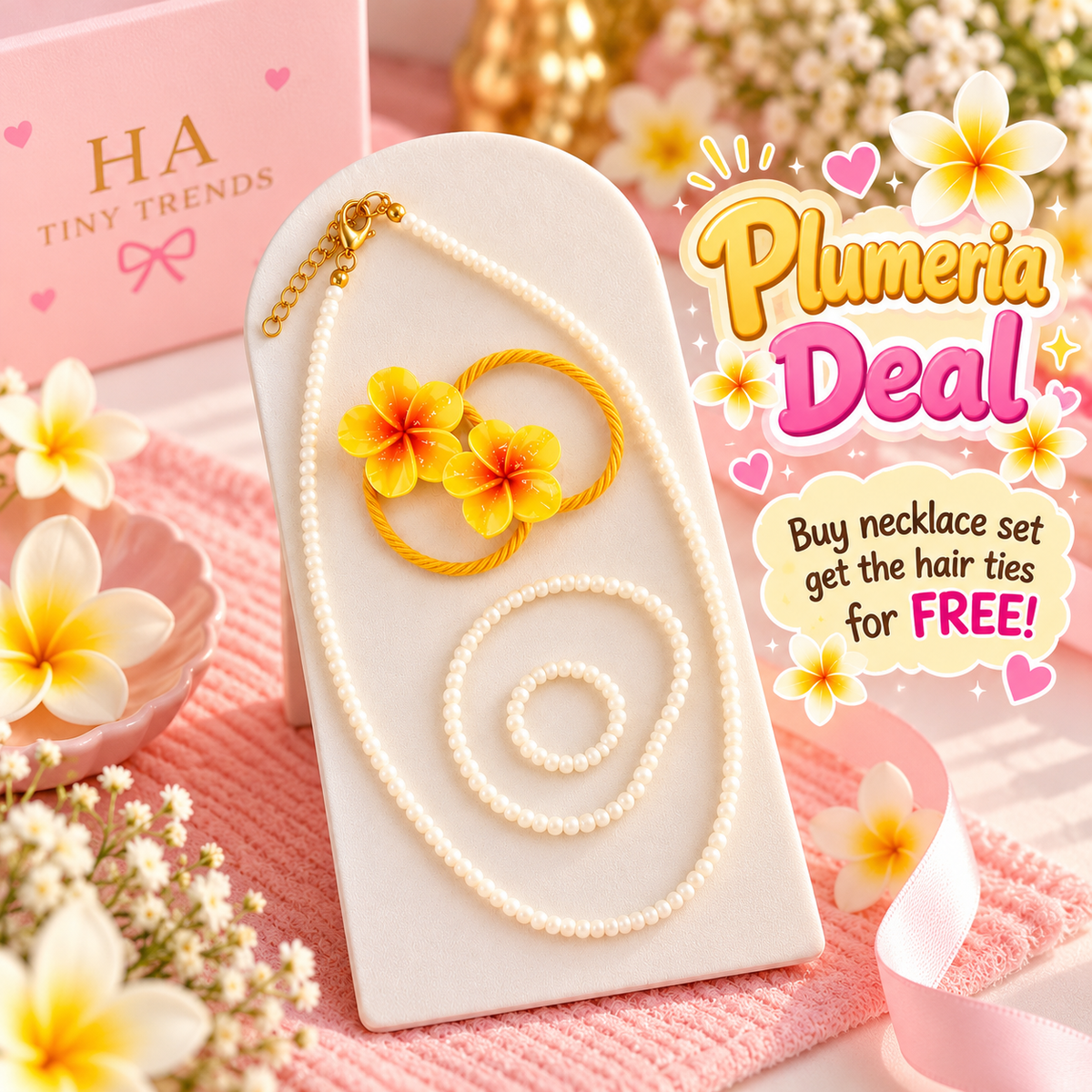 White Beaded Necklace Set with Yellow Flower Hair Ties