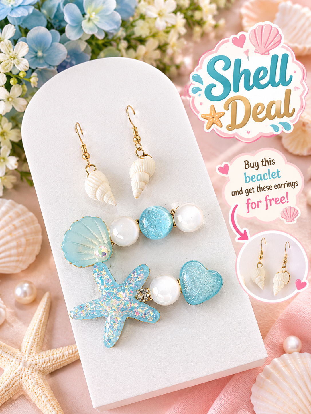 Blue Seashell Bracelet with Free Shell Earrings