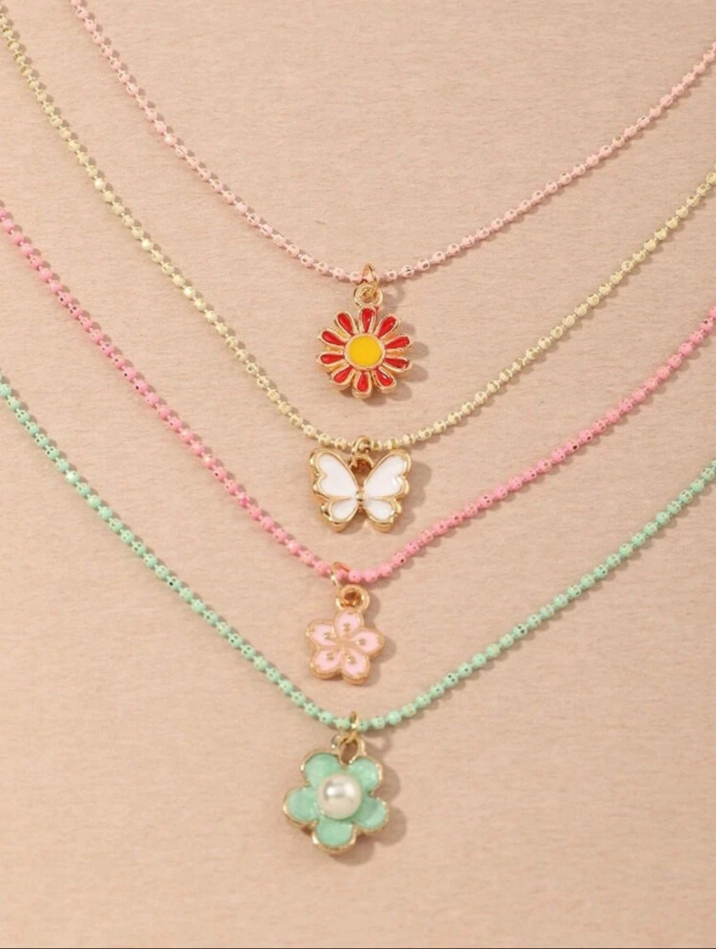 Pastel Beaded Charm Necklace Set – Daisy, Butterfly & Flower Pendant