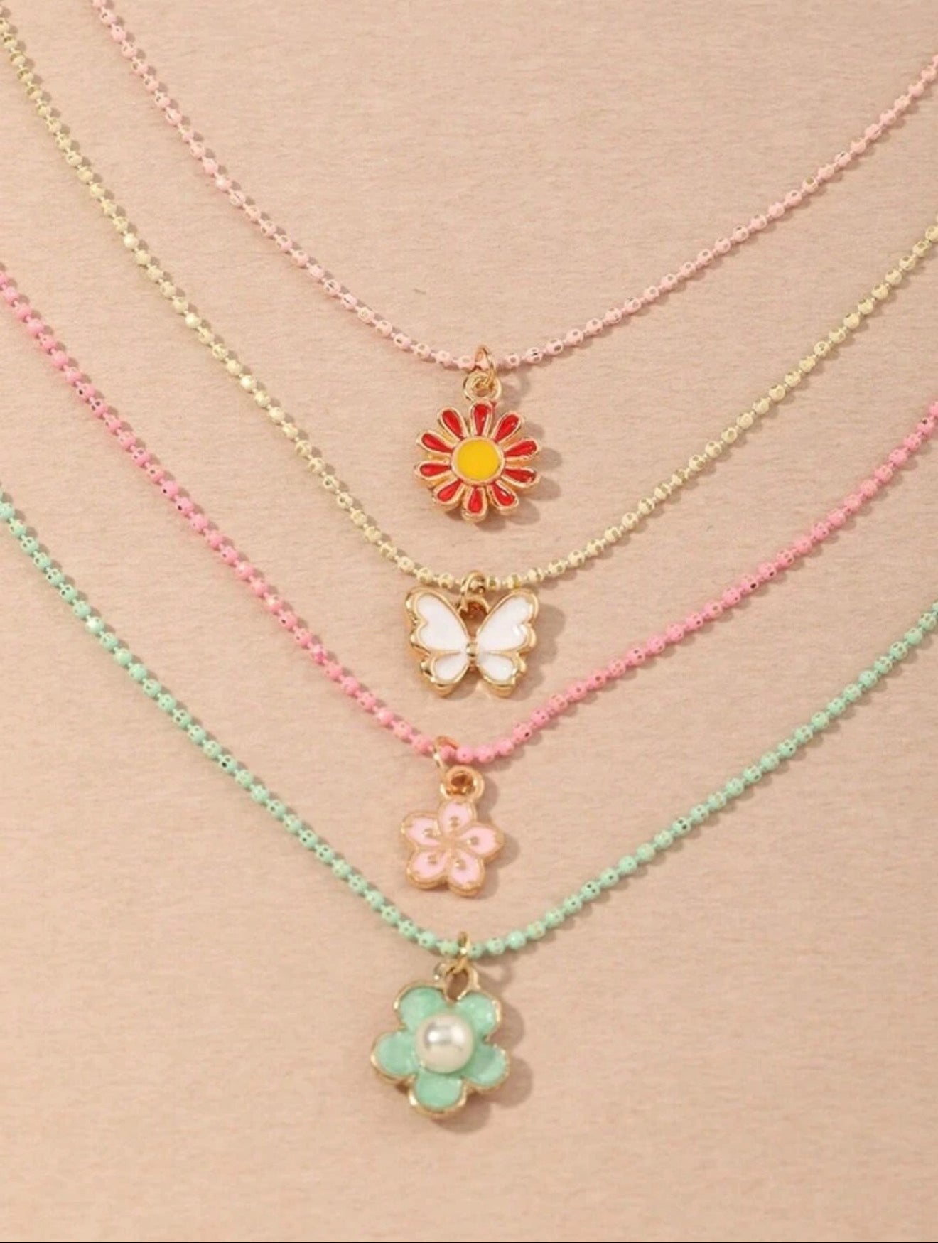 Pastel Beaded Charm Necklace Set – Daisy, Butterfly & Flower Pendant