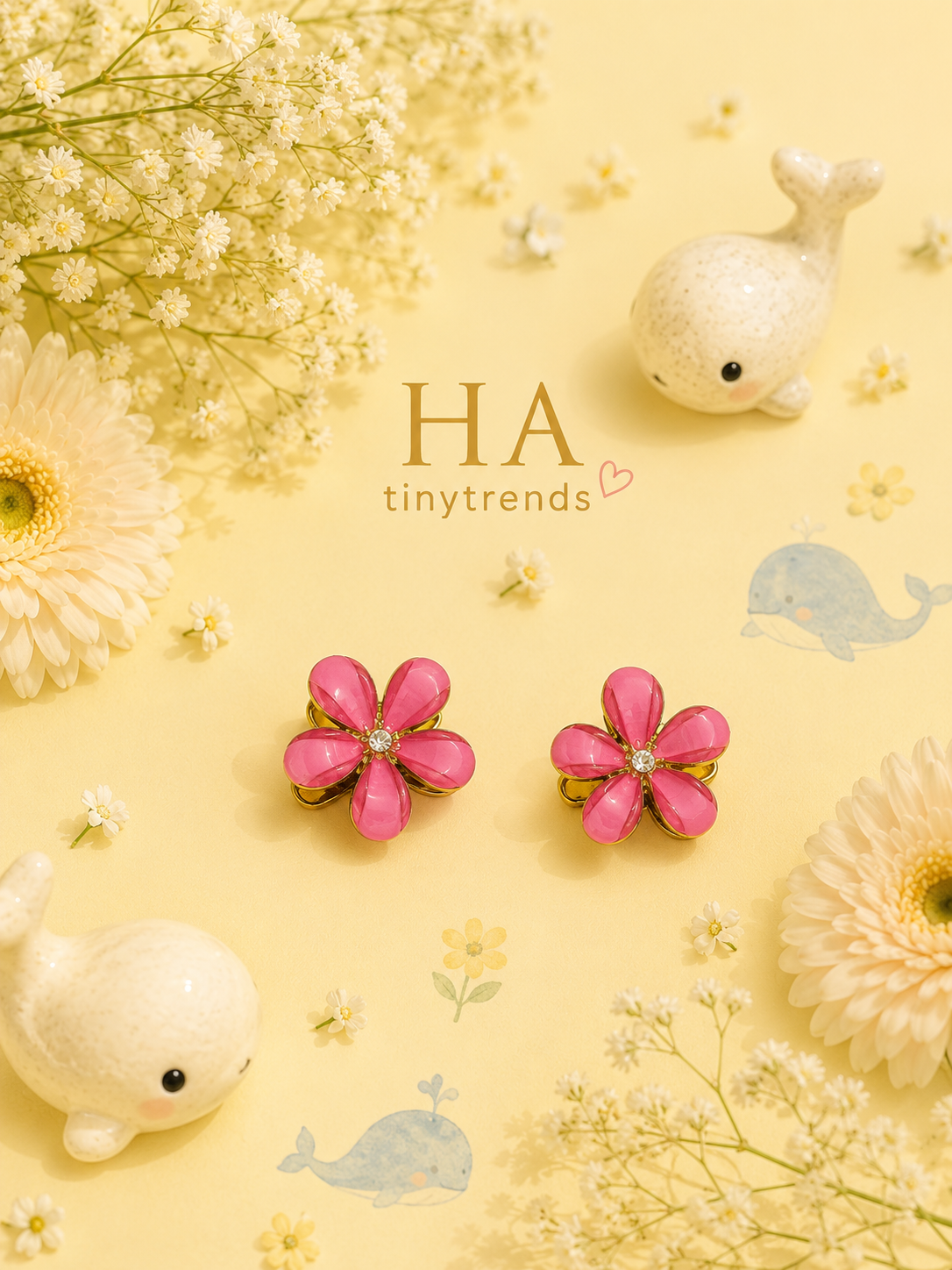 Glossy Hot Pink Enamel Flower Mini Claw Clips | Rhinestone Floral Hair Claws Set
