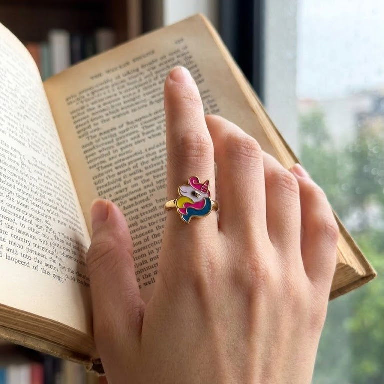 Rainbow Unicorn Face Enamel Adjustable Ring – Gold Tone Cute Fantasy Jewelry