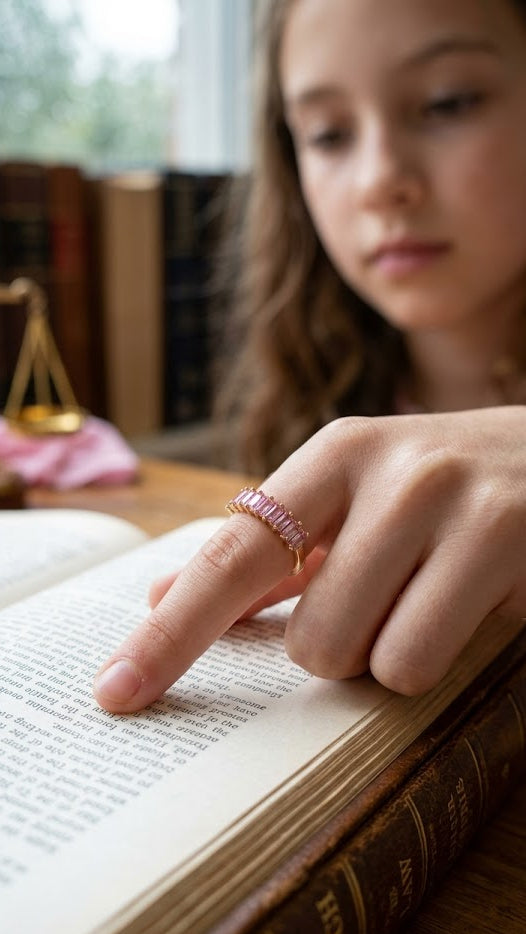 Pink Baguette Crystal Ring – Gold Tone Eternity Band with Pink CZ Stones | Elegant Stacking Ring for Women
