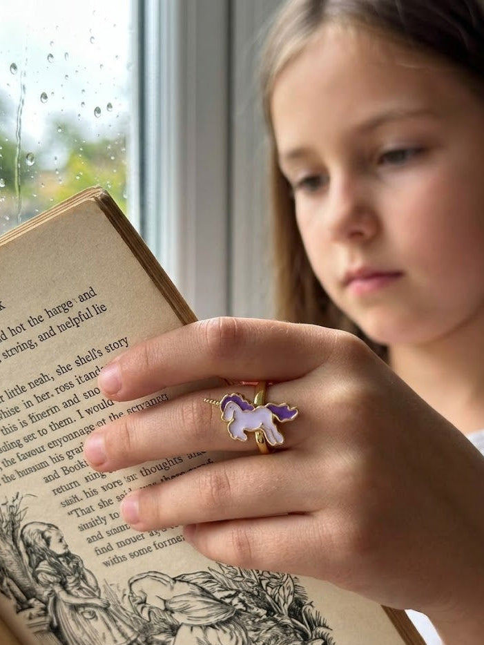 Purple & White Unicorn Enamel Adjustable Ring – Gold Tone Fantasy Jewelry