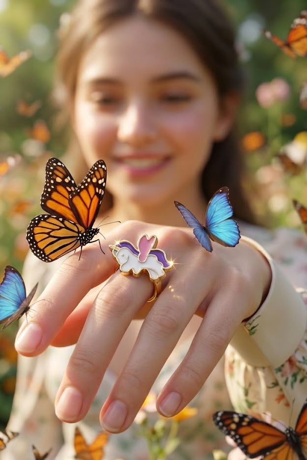 Running Unicorn Enamel Ring for Girls – Purple & Pink Heart Gold Tone Kids Ring | Magical Fantasy Jewellery Gift