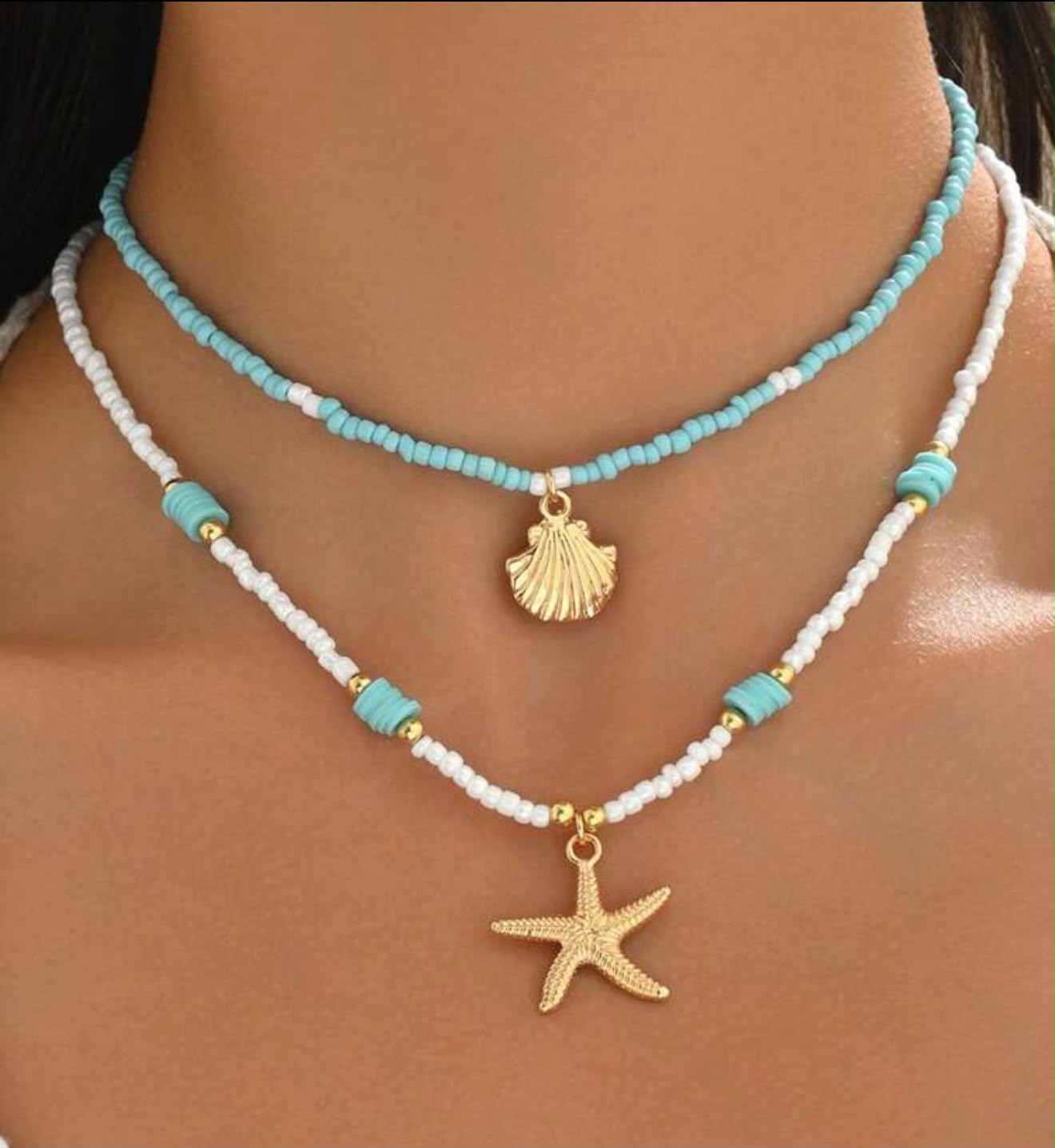 Layered Beach Beaded Necklace – Turquoise & White Seed Bead with Shell &amp; Starfish Charms