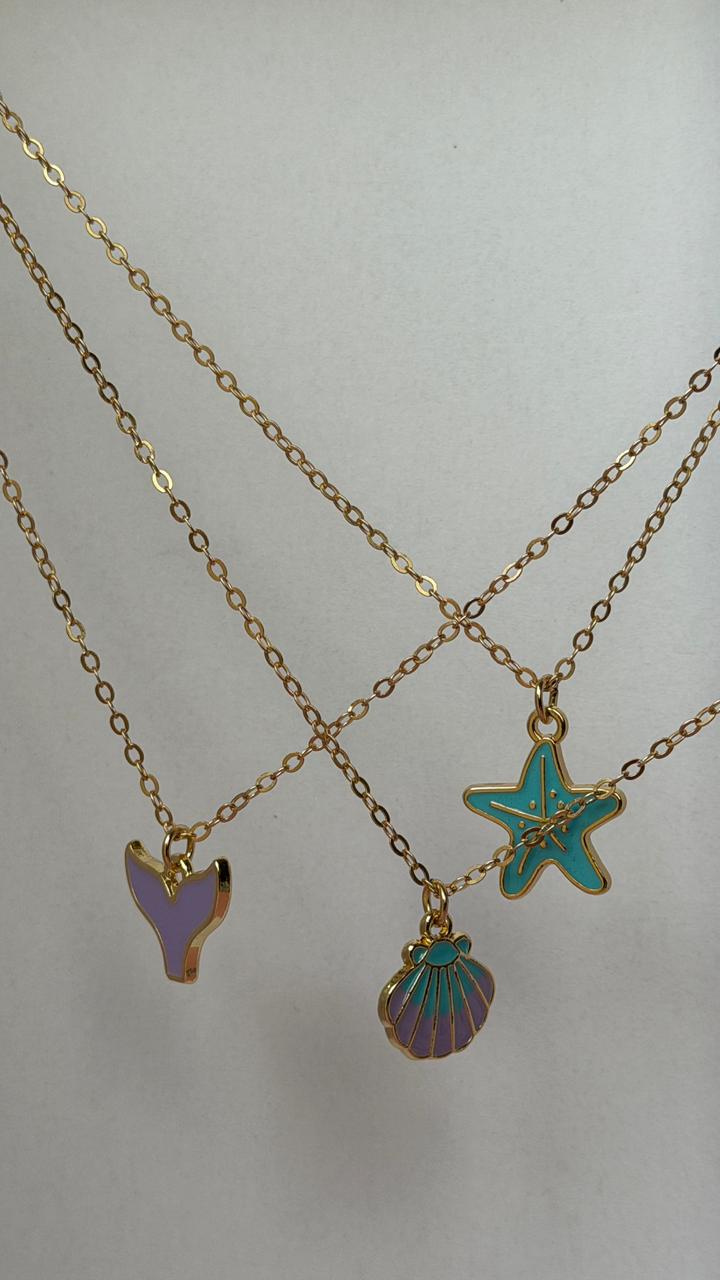 Ocean Charm Necklace Set of 3 – Mermaid Tail, Starfish & Seashell | Gold Chain Enamel Pendant Necklaces for Girls