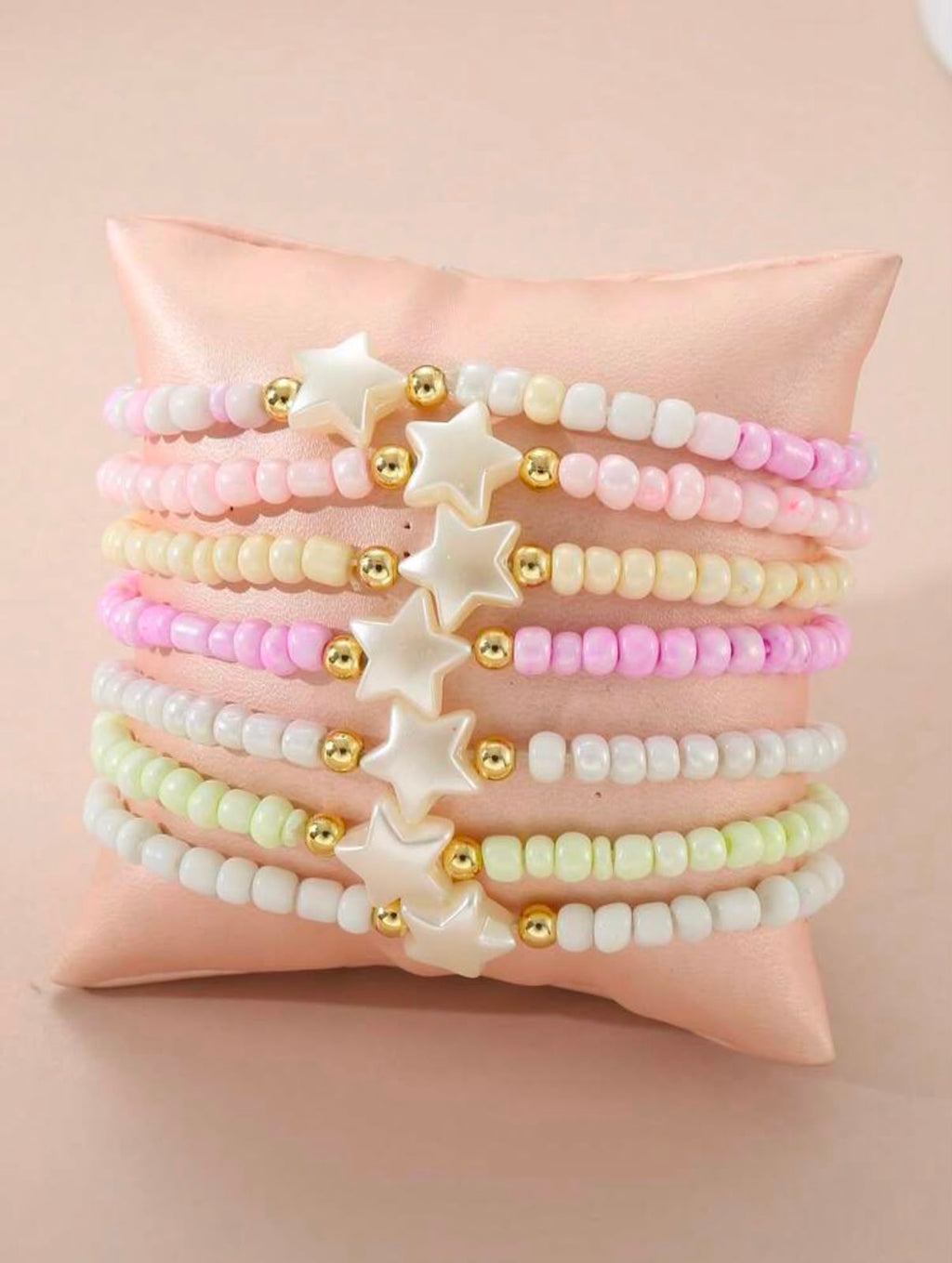 Pastel Beaded Star Bracelet Set|Seed Bead Bracelets with Gold Accents & Mother-of-Pearl Stars