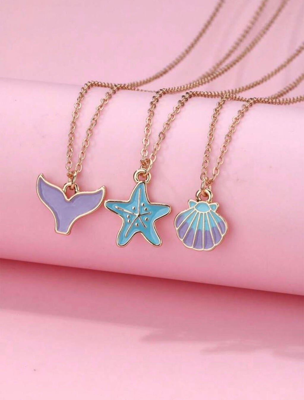 Ocean Charm Necklace Set of 3 – Mermaid Tail, Starfish & Seashell | Gold Chain Enamel Pendant Necklaces for Girls
