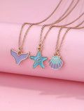 Ocean Charm Necklace Set of 3 – Mermaid Tail, Starfish & Seashell | Gold Chain Enamel Pendant Necklaces for Girls