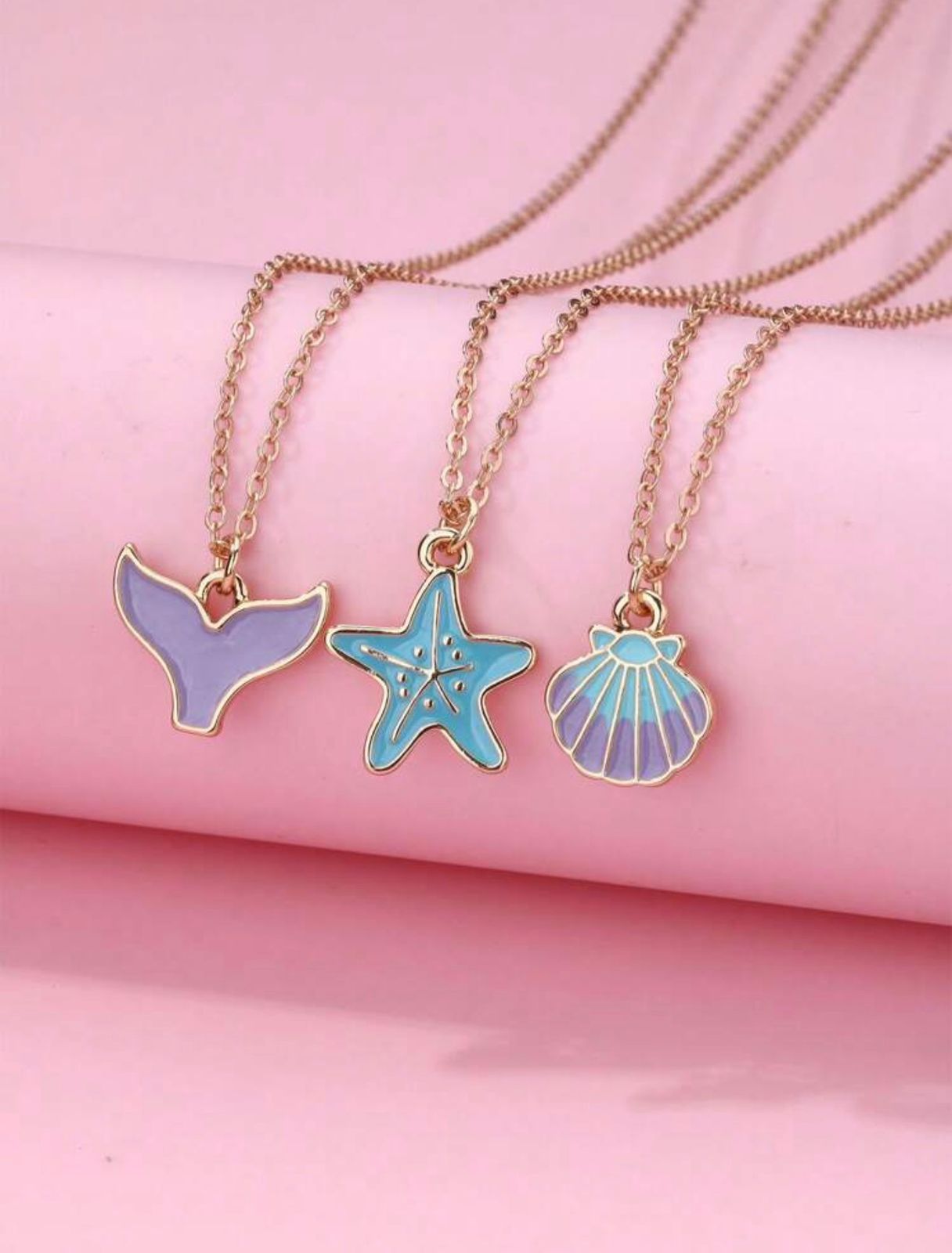 Ocean Charm Necklace Set of 3 – Mermaid Tail, Starfish & Seashell | Gold Chain Enamel Pendant Necklaces for Girls