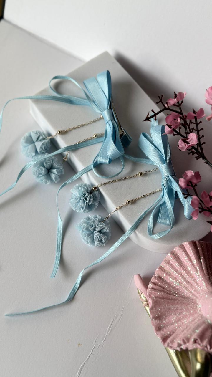 Pastel Blue Ribbon Bow Hair Clips with Pom-Pom Tassels