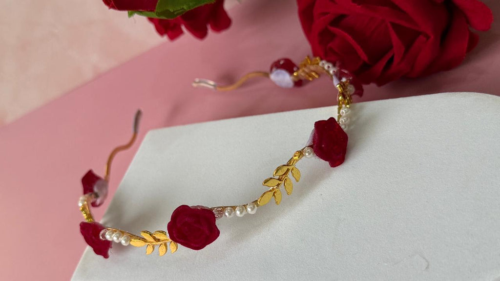 Girls Gold Floral Headband with Red Velvet Roses - Elegant Tiara Gift