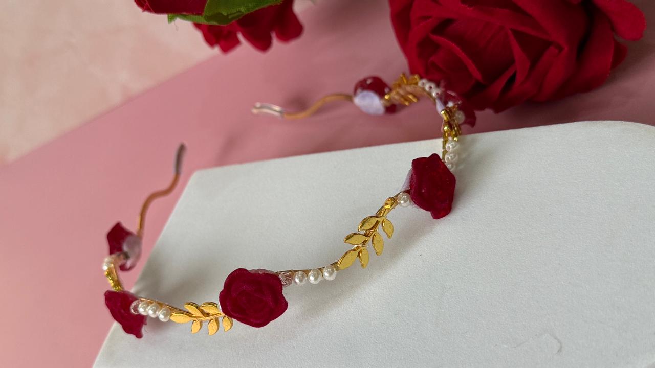 Girls Gold Floral Headband with Red Velvet Roses - Elegant Tiara Gift